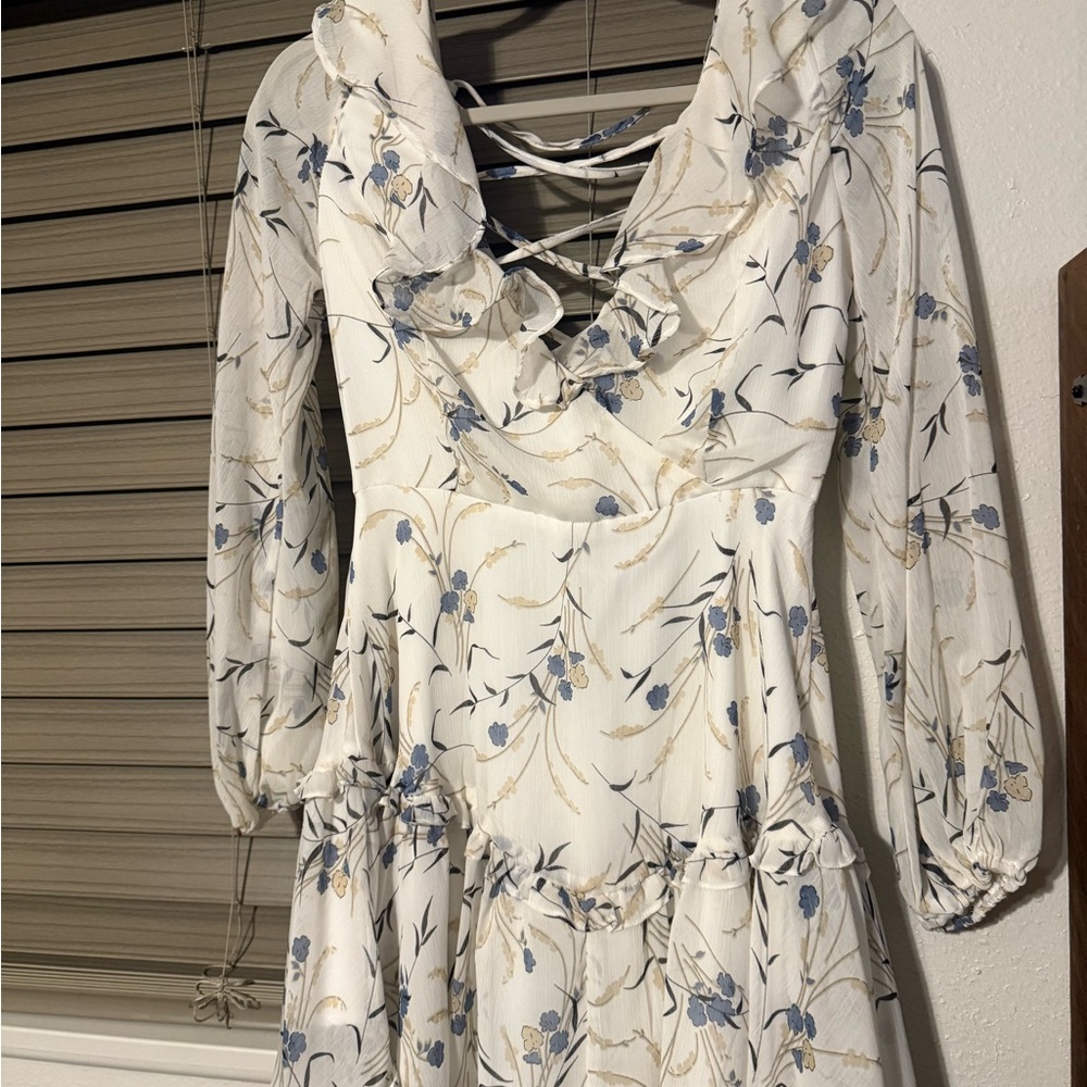 Hello Molly Cream and Blue Floral Long Sleeve Dress